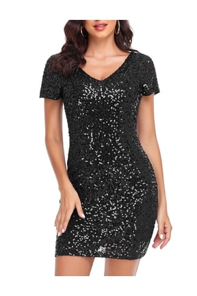 Women's Sparkly Sequin Dress Sexy V Neck Short Sleeve Mini Cocktail Club Bodycon Homecoming Dresses