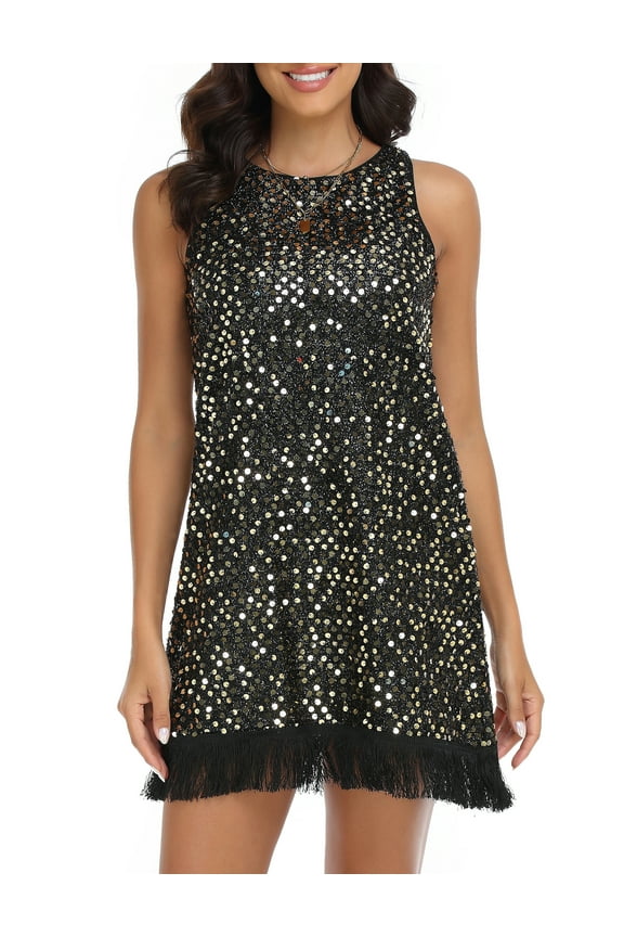 Women's Sparkly Sequin Mini Dress Shimmer Loose Short Shift Cocktail Party Dress with Fringe Hem