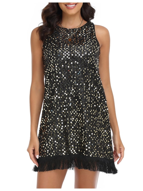 Women's Sparkly Sequin Mini Dress Shimmer Loose Short Shift Cocktail Party Dress with Fringe Hem