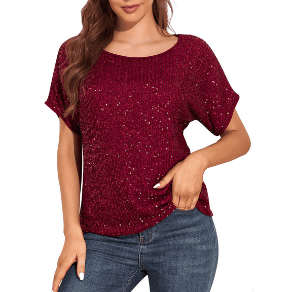 PrettyGuide Women's Sparkly Sequin Tops Short Sleeve Glitter Loose Party Shirt Blouse Boat Neck Dressy Top