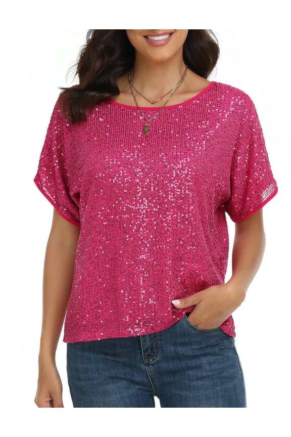 Women's Sparkly Sequin Tops Short Sleeve Glitter Loose Party Shirt Blouse Boat Neck Dressy Top