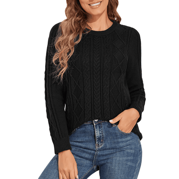 PrettyGuide Women's Sweater Crewneck Cable Knit Long Sleeve Pullover Tops