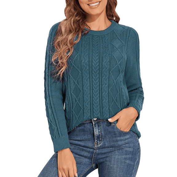 PrettyGuide Women's Sweater Crewneck Cable Knit Long Sleeve Pullover Tops