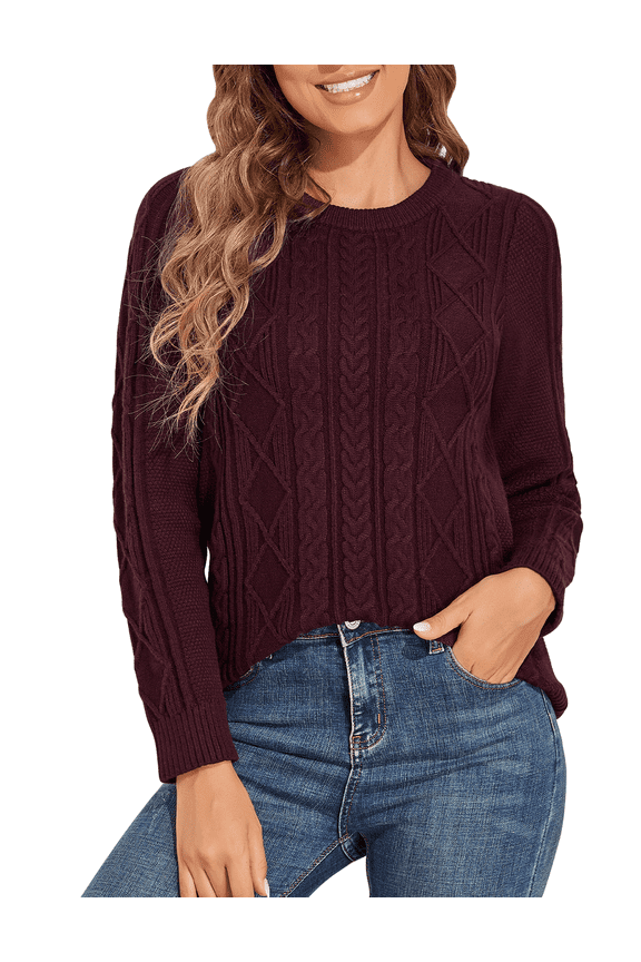 Women's Sweater Crewneck Cable Knit Long Sleeve Pullover Tops