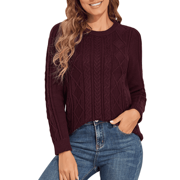 PrettyGuide Women's Sweater Crewneck Cable Knit Long Sleeve Pullover Tops