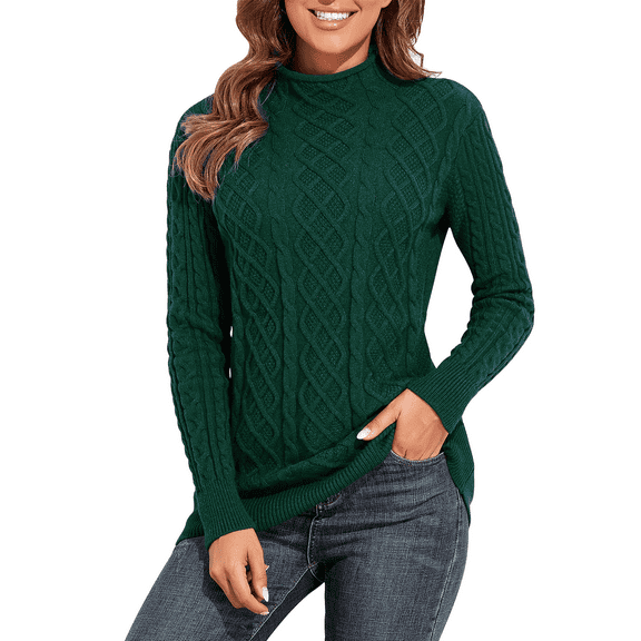 PrettyGuide Women's Tunic Sweater Cable Knit Mock Neck Pullover Long Sweater Tops