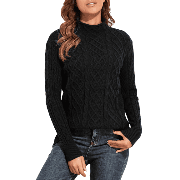 PrettyGuide Women's Tunic Sweater Cable Knit Mock Neck Pullover Long Sweater Tops