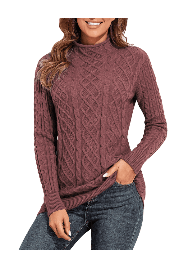 Women's Tunic Sweater Cable Knit Mock Neck Pullover Long Sweater Tops