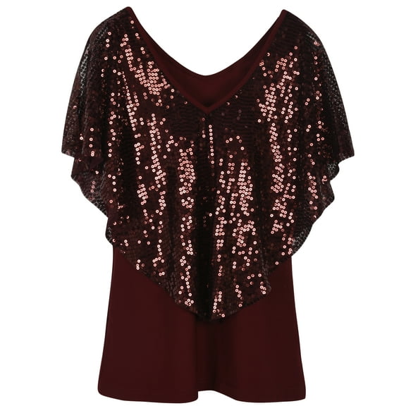 PrettyGuide Women's Tunic Tops Sequin Overlay Cold Shoulder Glitter Cocktail Party Blouse Top, Large