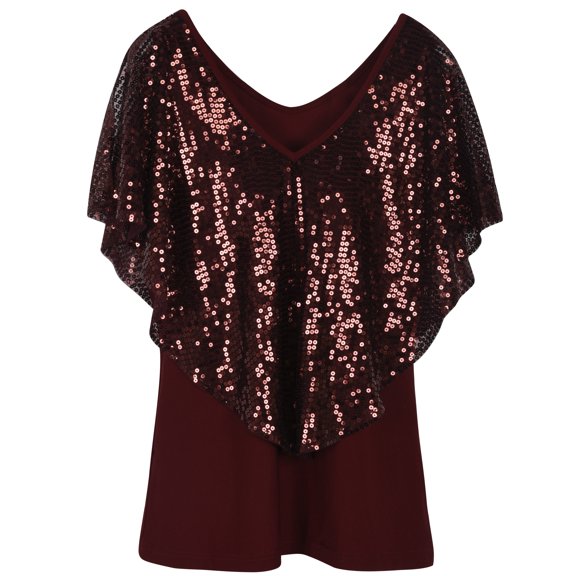 PrettyGuide Women's Tunic Tops Sequin Overlay Cold Shoulder Glitter Cocktail Party Blouse Top, Medium