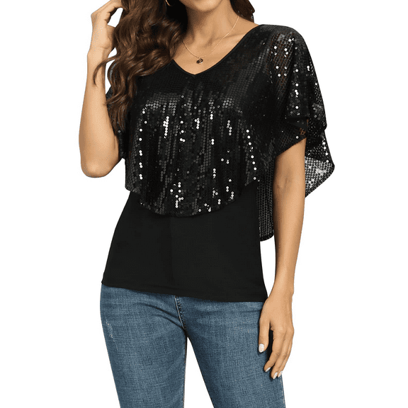 PrettyGuide Women's Tunic Tops Sequin Overlay Cold Shoulder Glitter Cocktail Party Blouse Top, Small