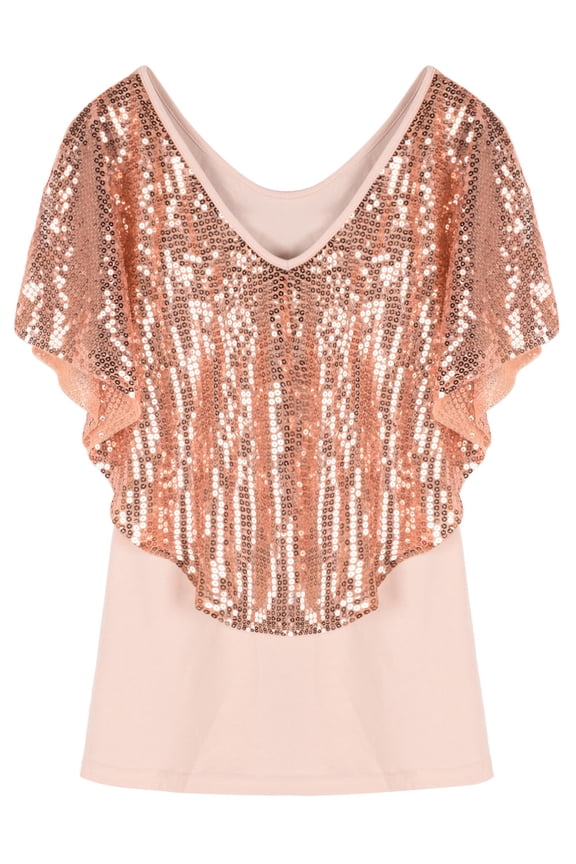 Women's Tunic Tops Sequin Overlay Cold Shoulder Glitter Cocktail Party Blouse Top