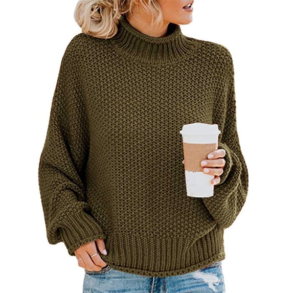 PrettyGuide Women's Turtleneck Sweater Batwing Sleeve Oversized Knit Tops Loose Chunky Pullover S ArmyGreen