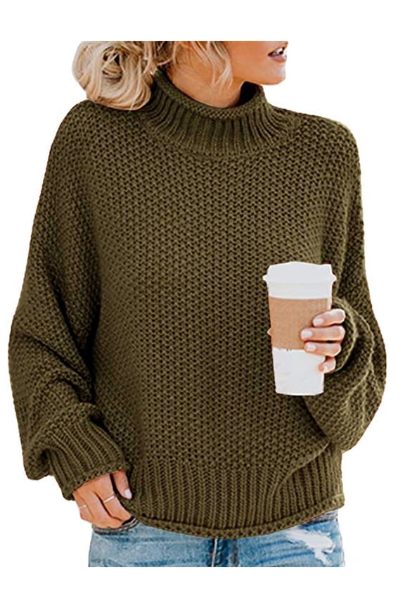 Women's Turtleneck Sweater Batwing Sleeve Oversized Knit Tops Loose Chunky Pullover S ArmyGreen