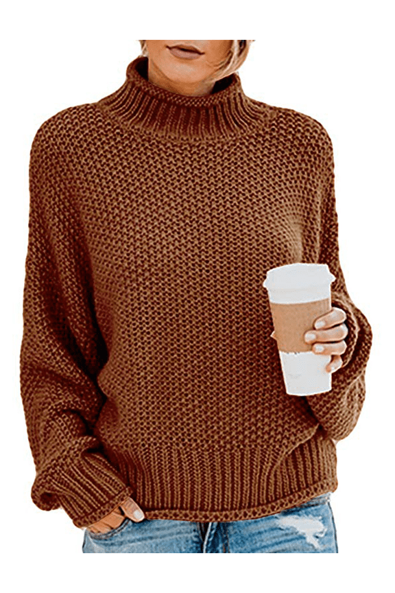 Women's Turtleneck Sweater Batwing Sleeve Oversized Knit Tops Loose Chunky Pullover S Brown