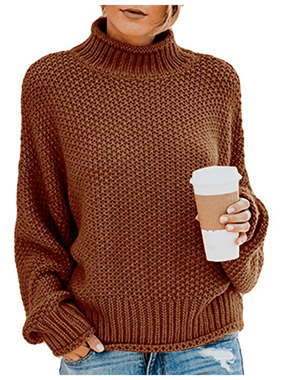 Women's Turtleneck Sweater Batwing Sleeve Oversized Knit Tops Loose Chunky Pullover S Brown
