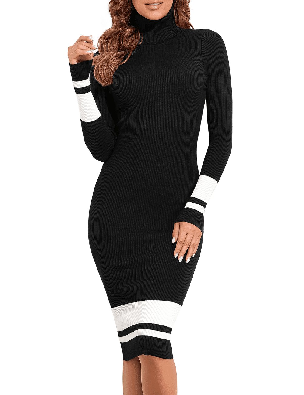 PrettyGuide Women\'s Turtleneck Sweater Dresses Bodycon Knit Long Ribbed Sleeve Dress Midi Stretch