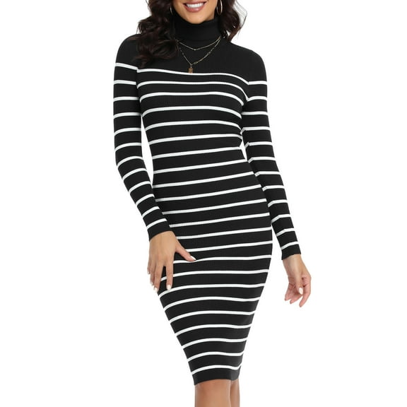 PrettyGuide Women's Turtleneck Sweater Dress Long Sleeve Ribbed Knit Stretch Midi Bodycon Dresses