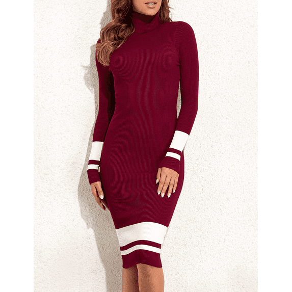 PrettyGuide Women's Turtleneck Sweater Dress Long Sleeve Ribbed Knit Stretch Midi Bodycon Dresses