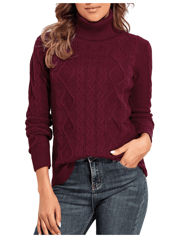 Women's Turtleneck Sweater Long Sleeve Cable Knit Sweater Pullover Tops