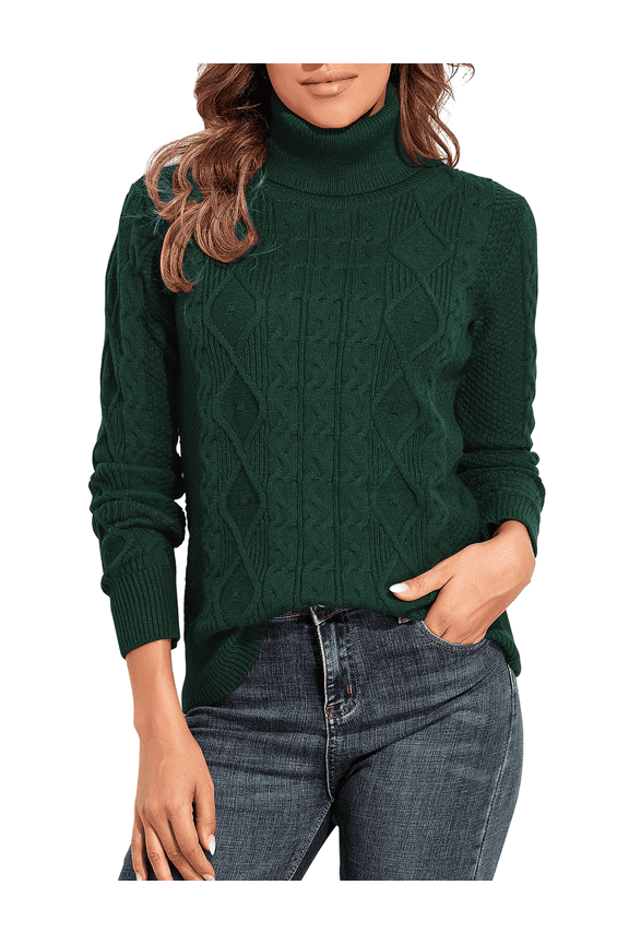 Women's Turtleneck Sweater Long Sleeve Cable Knit Sweater Pullover Tops
