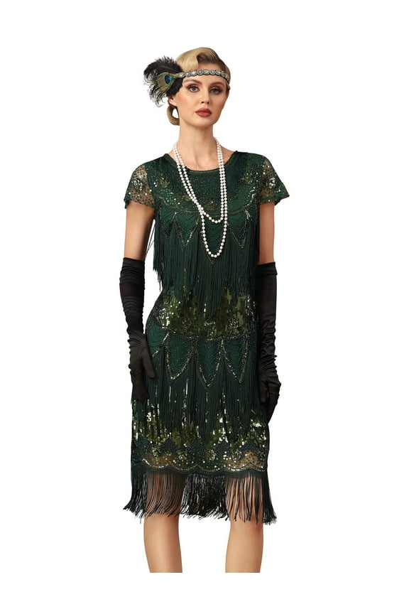 Womens Flapper Dress with Sleeves Art Deco Sequin Beaded Fringe 1920s Vintage Great Gatsby Party Dress