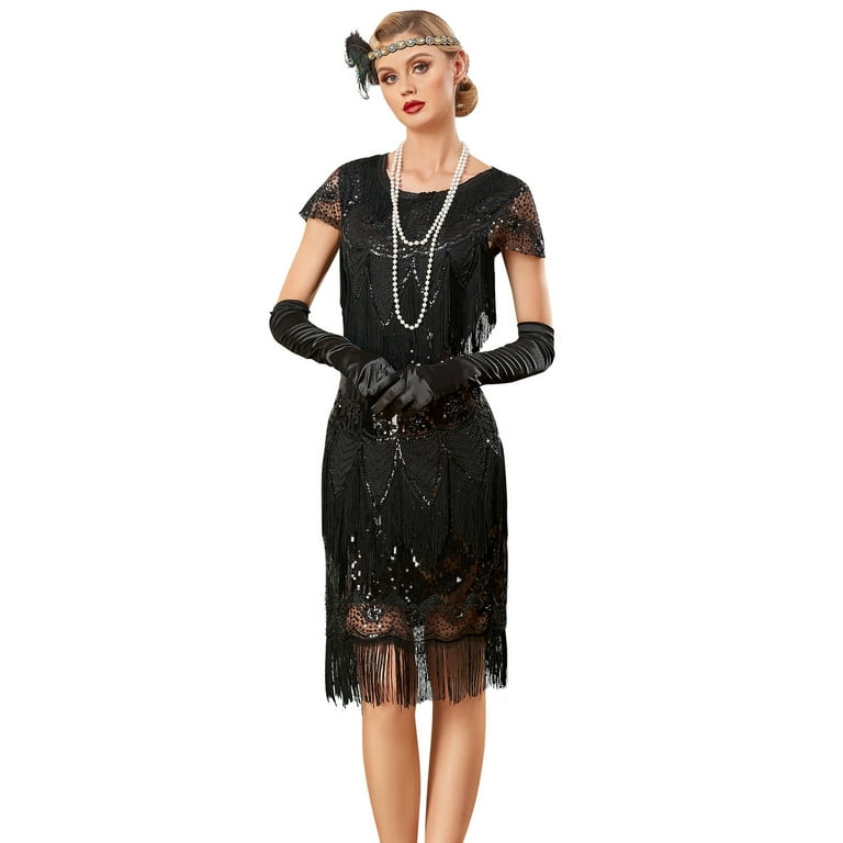 Prettyguide Womens Flapper Dress with Sleeves Art Deco Sequin Beaded Fringe 1920s Vintage Great Gatsby Party Dress