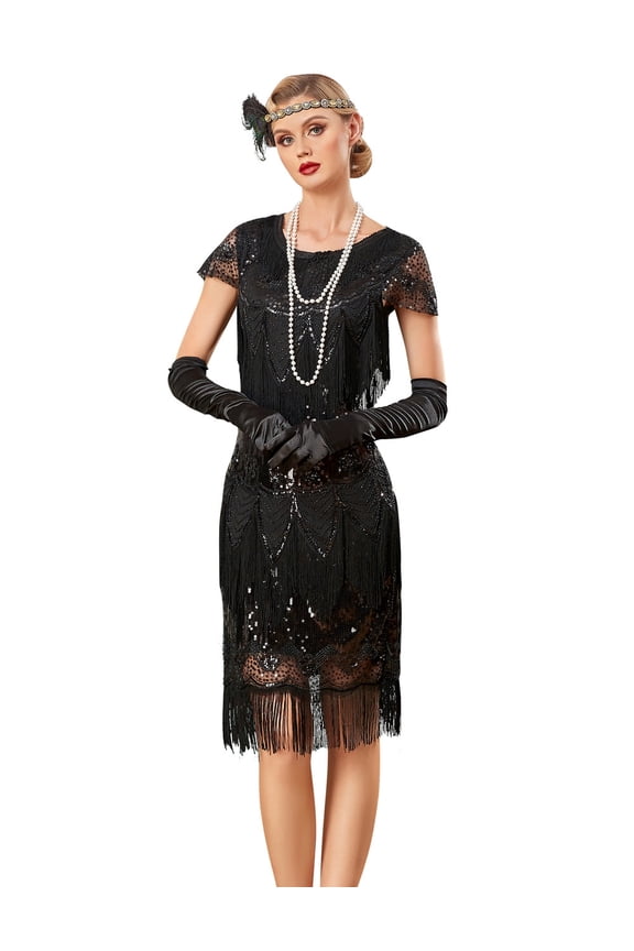 Womens Flapper Dress with Sleeves Art Deco Sequin Beaded Fringe 1920s Vintage Great Gatsby Party Dress