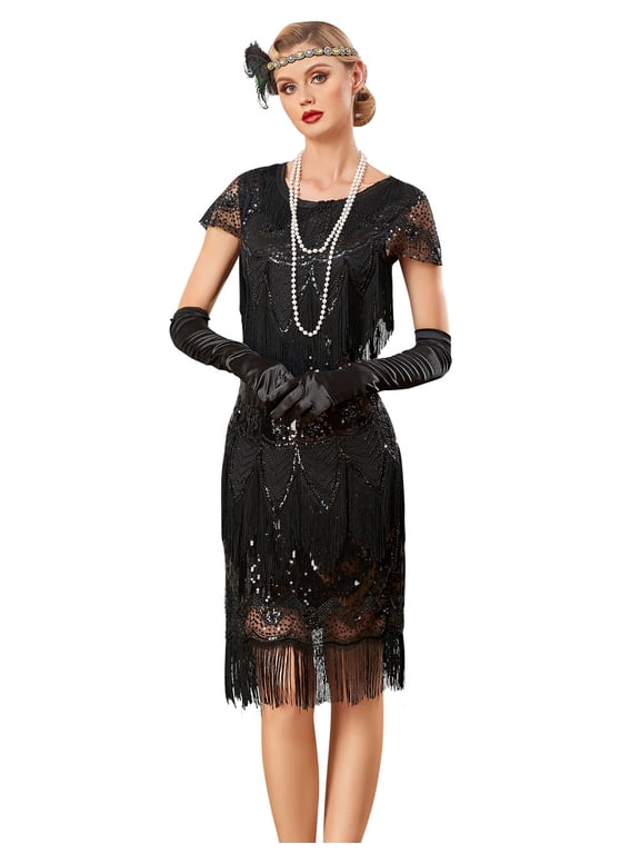 Womens Flapper Dress with Sleeves Art Deco Sequin Beaded Fringe 1920s Vintage Great Gatsby Party Dress