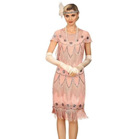 PrettyGuide Womens Flapper Dress with Sleeves Art Deco Sequin Beaded Fringe 1920s Vintage Great Gatsby Party Dress