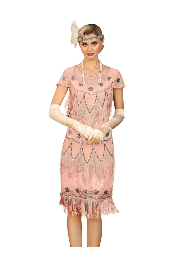 Womens Flapper Dress with Sleeves Art Deco Sequin Beaded Fringe 1920s Vintage Great Gatsby Party Dress