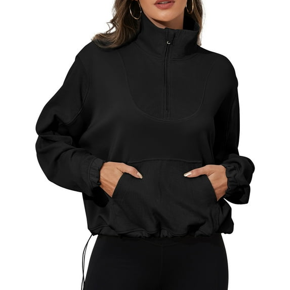 PrettyGuide Womens Scuba Cropped Half Zip Sweatshirt Pullover Stand Collar Ribbed Quarter Zip Hoodies with Pocket Black S