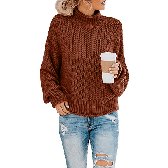 PrettyGuide Womens Sweaters Oversized Chunky Knit Jumper Batwing Sleeve Turtleneck Fall Sweaters L Wine