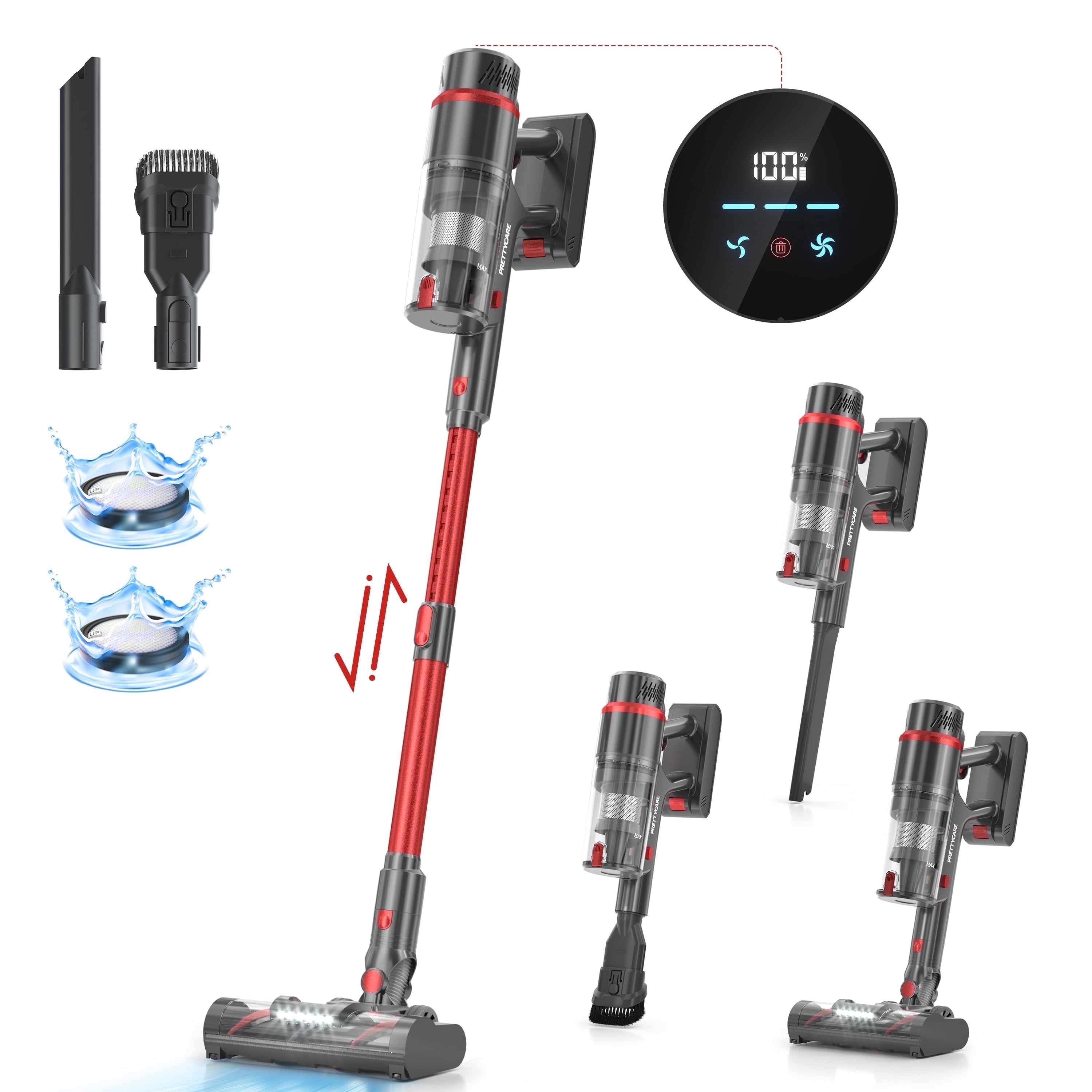 PrettyCare Cordless Vacuum Cleaner 60kPa with 55min Runtime 5-stage advanced filtration for Carpet Hard Floor 3-speed adjustment with LED