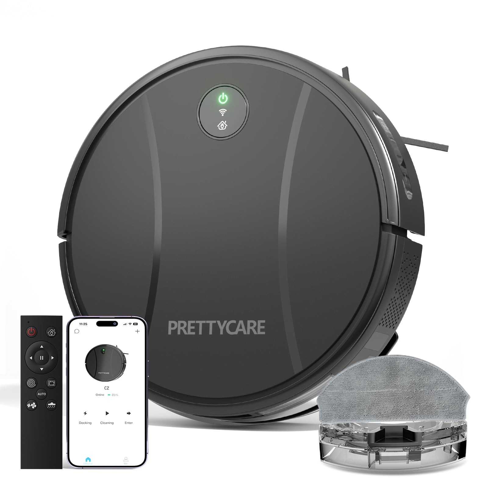 Prettycare Robot Vacuum and Mop Combo,2 in 1 Mopping Robot Vacuum Cleaner with 3000Pa Suction,Slim Robotic Vacuum,Self-Charging,APP/Remote/Voice Control,Ideal for Pet hair,C2