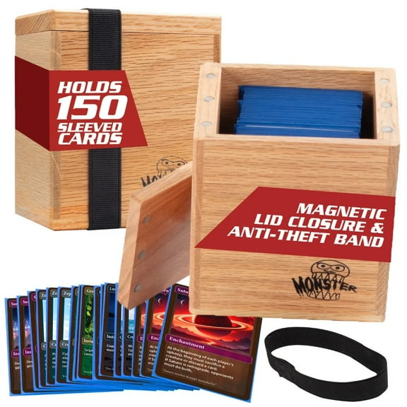 Monster Wooden Double Deck Box w Strong Magnetic Lid & Security Band- Premium Holds 150 Sleeved Cards- Compatible w Pokemon, Yugioh, Magic the Gathering & All Trading TCG Game, Gift