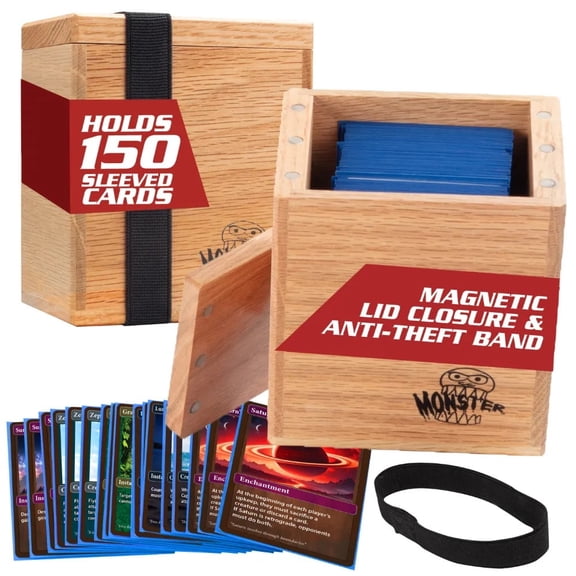 Monster Wooden Double Deck Box w Strong Magnetic Lid & Security Band- Premium Holds 150 Sleeved Cards- Compatible w Pokemon, Yugioh, Magic the Gathering & All Trading TCG Game, Gift
