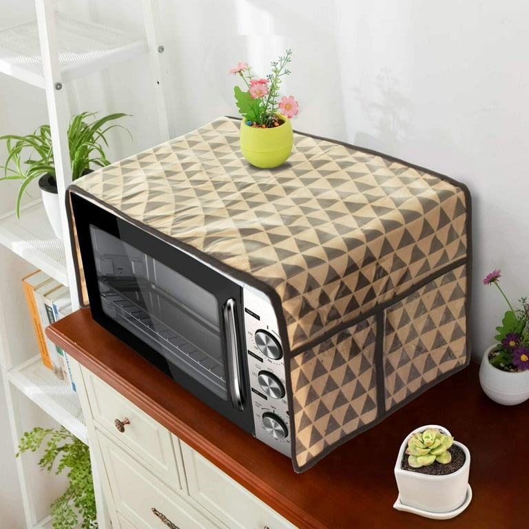 Plaid Pattern Microwave Oven Cover, Pom Pom Decor Microwave Oven Top Cover  With Pocket For Home