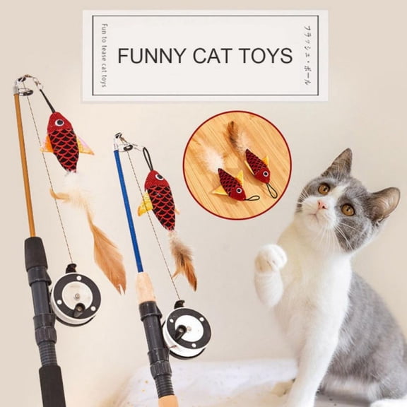 Prettyui 1Pcs Cat Toys Fish Shape Telescopic Feathers Simulation Fishing Cat Stick Rod Kitten Funny Playing Toy Cat Interactive Wand Toy