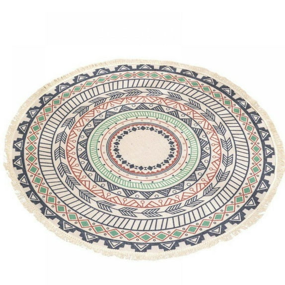 Prettyui Cotton Rugs Round Washable Chic Bohemian Mandala Hand Woven Round Rugs with Tassels