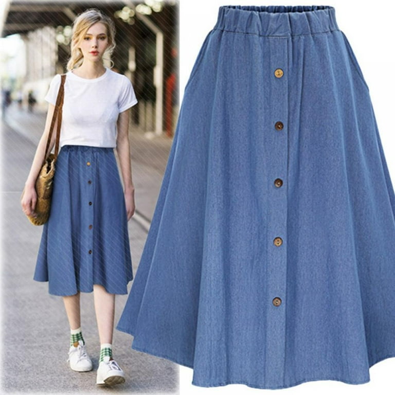 Prettyui Denim Skirt Women's A-Line High Waist Button