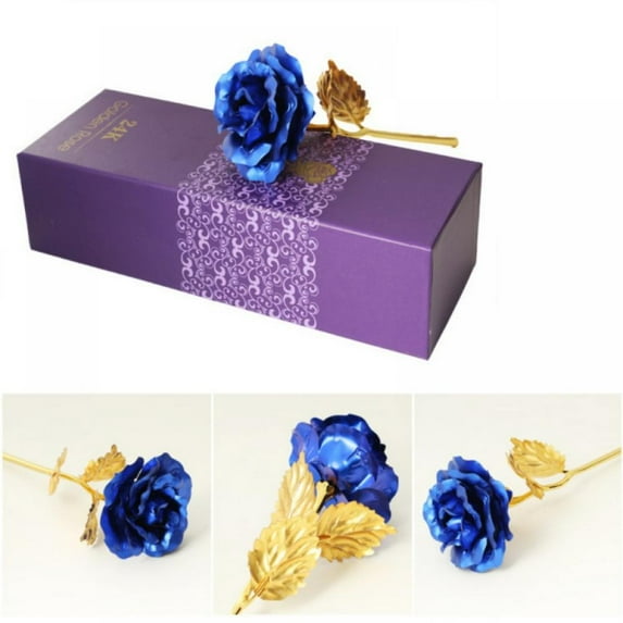 Prettyui Meldel 24K Foil Plated Rose Valentine's Day Gift Lover's Rose Artificial Love Base Gold Rose Wedding Decoration Faux Flores,blue