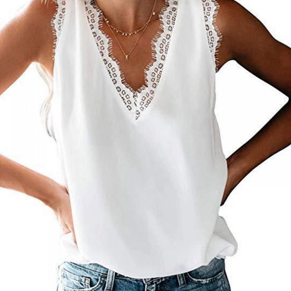 Prettyui Summer Women'S Top Solid Color Lace V-Neck Sleeveless Chiffon Vest White XL