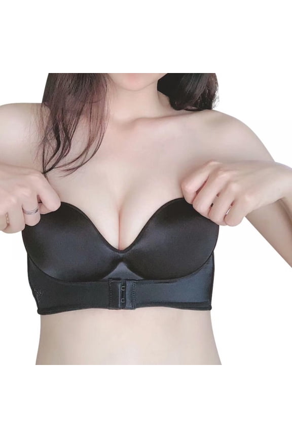 Women Gather Strapless Padded Bra Super Push Up Front Closure Invisible Brassiere