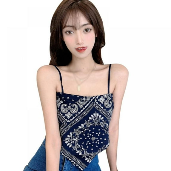Prettyui Women Print Irregular Slim Sexy Backless Exposure Navel Fake Two Pieces Camisole Crop Top