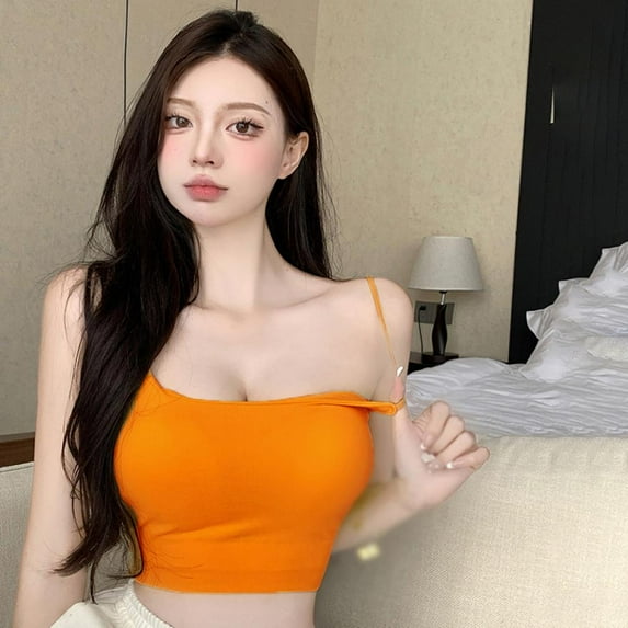 Prettyui Women's Camisole Slim Fit Sleeveless Tank Top Lightweight Crop Top Pullover Spagetti Strap Casual Base Shirt Orange XL