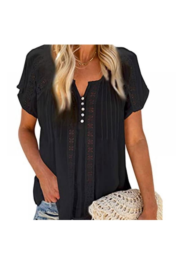Women's V Neck Short Sleeve Lace Crochet Eyelet Tops Summer Casual Flowy Boho Blouses Shirts