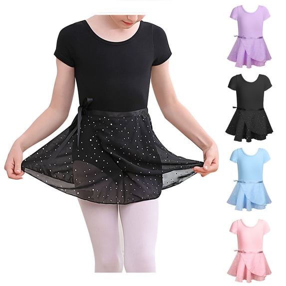 Pretxorve Kids Girls Outfit Set Summer Sequin Short Sleeve Dance Leotard Skirt 2 Piece Outfits 2-13Y