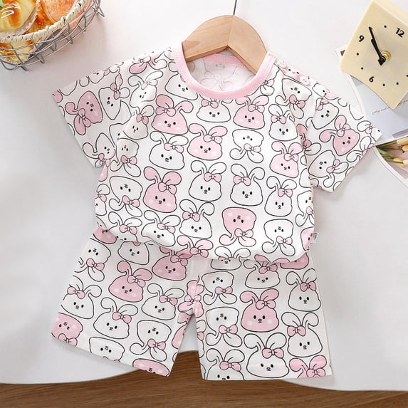 Pretxorve Kids Girls Boys Outfit Set Bunny Print Short Sleeve Top Elastic Waist Shorts Outfits Sizes 3Month-6Y