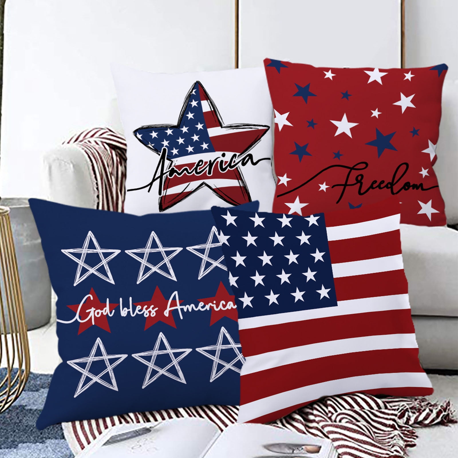 ONWAY 4th Of July Pillow Covers Set Of 2 - 18x18 Inch Patriotic Stars & Flag Decorative Cushion Covers